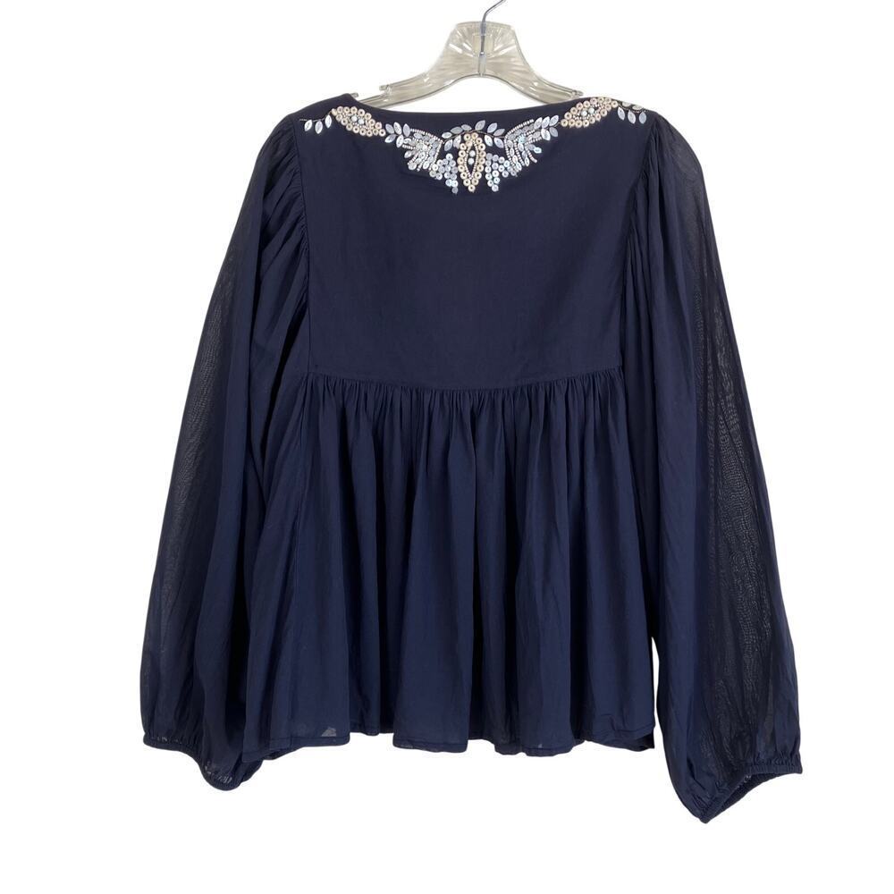 All Saints Sz 8 Dana Top Boho Beaded Peasanst Blouse Tie Neck Black Cream Cotton - Picture 2 of 16